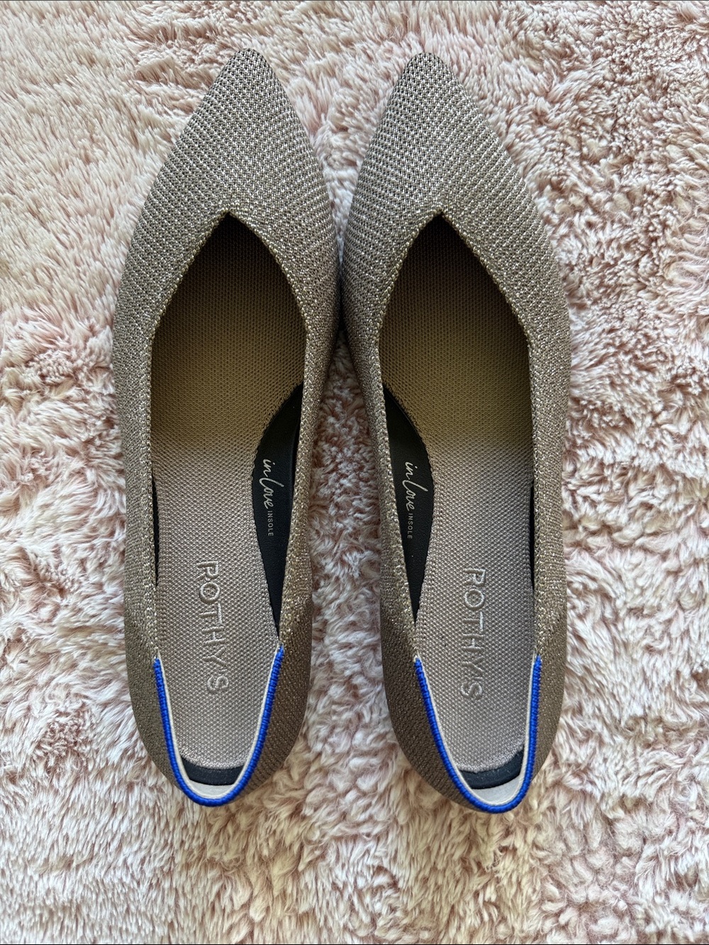 Rothy's Pointed Knit Flats in Taupe with Blue Heel Trim